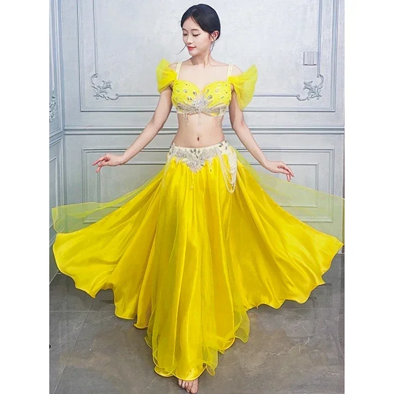 Фото Костюмы для выступлений BellyDance для женщин, бюстгальтер с камнями AB для пожилых людей + длинная юбка, 2 предмета, профессиональная одежда для соревнований по восточному танцам №1