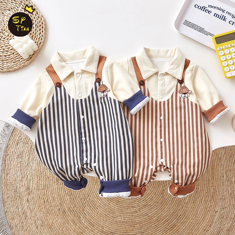 

Одежда для малышей полосатый мужской детский цельный комбинезон для весны и осени для отпуска из двух частей комбинезон для новорожденных ...