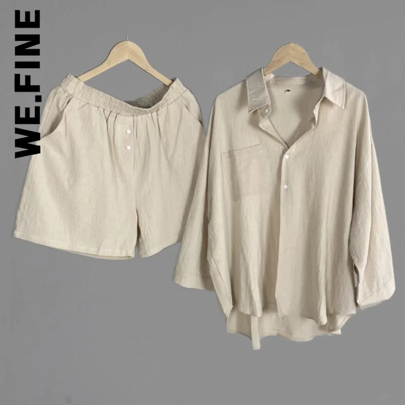 

We.Fine Vintage Boho Shirt High Waist Loose Shorts Two Piece Set Women 2022 Cotton Shorts Sets Mujer Sets V-Neck Outfits