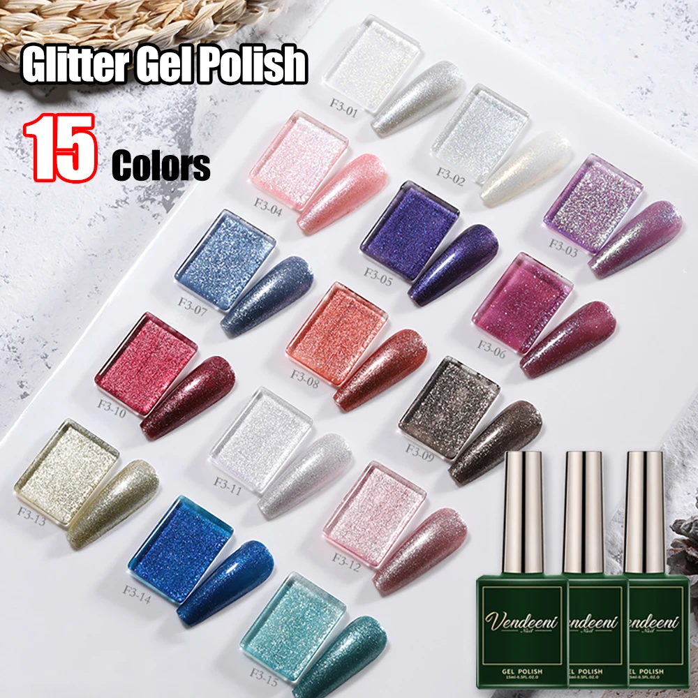 Vendeeni 15 Colors Glitter Gel Nail Polish Set Sparkling Shiny Nail Art Gel Varnish Semi-Permanent UV LED Soak Off Gel Lacquer