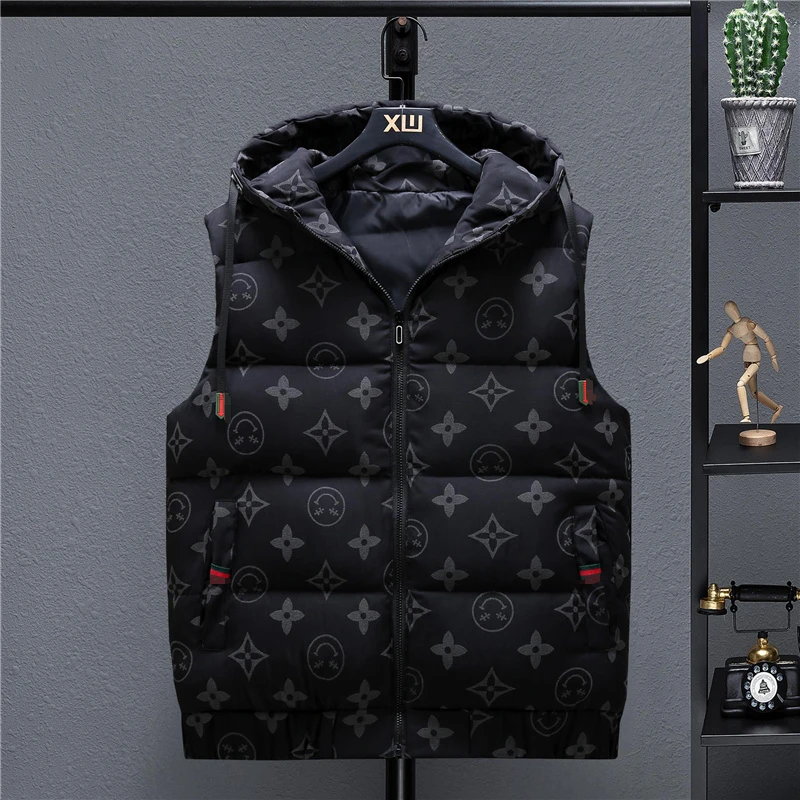 Men's Down Cotton Vest Autumn and Winter Fashion Men and Women Jacket Vest Men's Casual Hooded Sleeveless Down Jacket Men's Coat