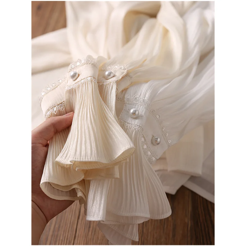 

Women's White Shirt 2022 New Autumn Elegant Casual Silk Pleated Streamer Long Sleeve Top Sweet Loose Shirt Clothes Bell Sleeves