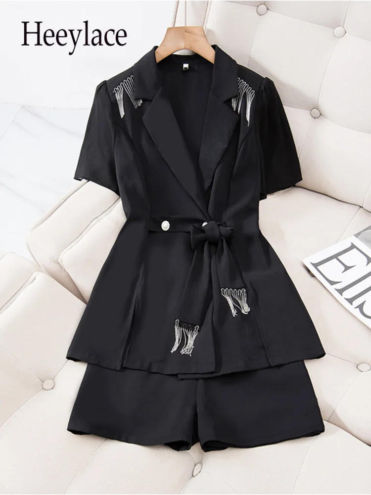 

Офисные женские элегантные комплекты из 2 предметов, женская одежда 2023, модные костюмы из искусственных пальто с V-образным вырезом и шорт, женская одежда