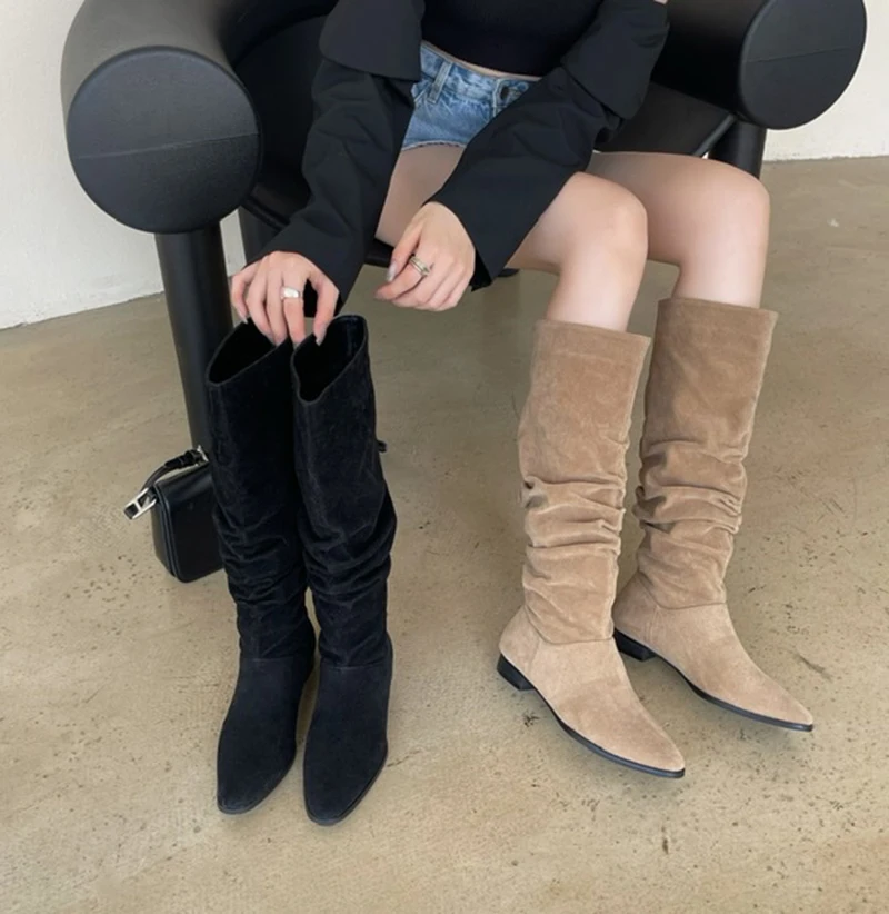 

Round Toe Women Knee High Boots Black Beige Winter Party Pumps Flat Heeled 2022 New Arrivals Slip On Knight Booties Flock 39
