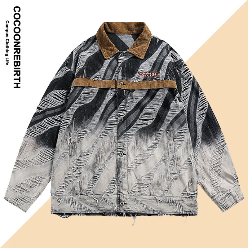 

Vintage Denim Jacket Men Washed Damaged Stripe Design Loose Harajuku Autumn High Street Fashion Unisex Patchwork Cowboy Coats