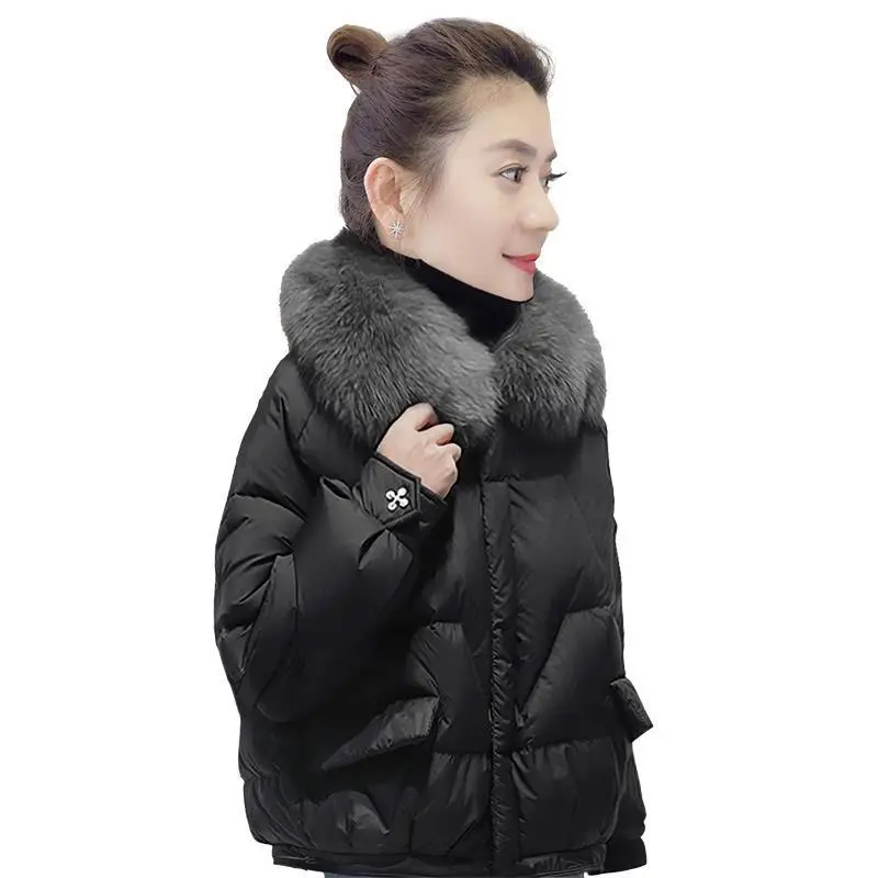 Parkas Women Black with Extra Lining Fur Collar Cotton Clothes Women Loose Short Wadded Jacket Winter Coat Women