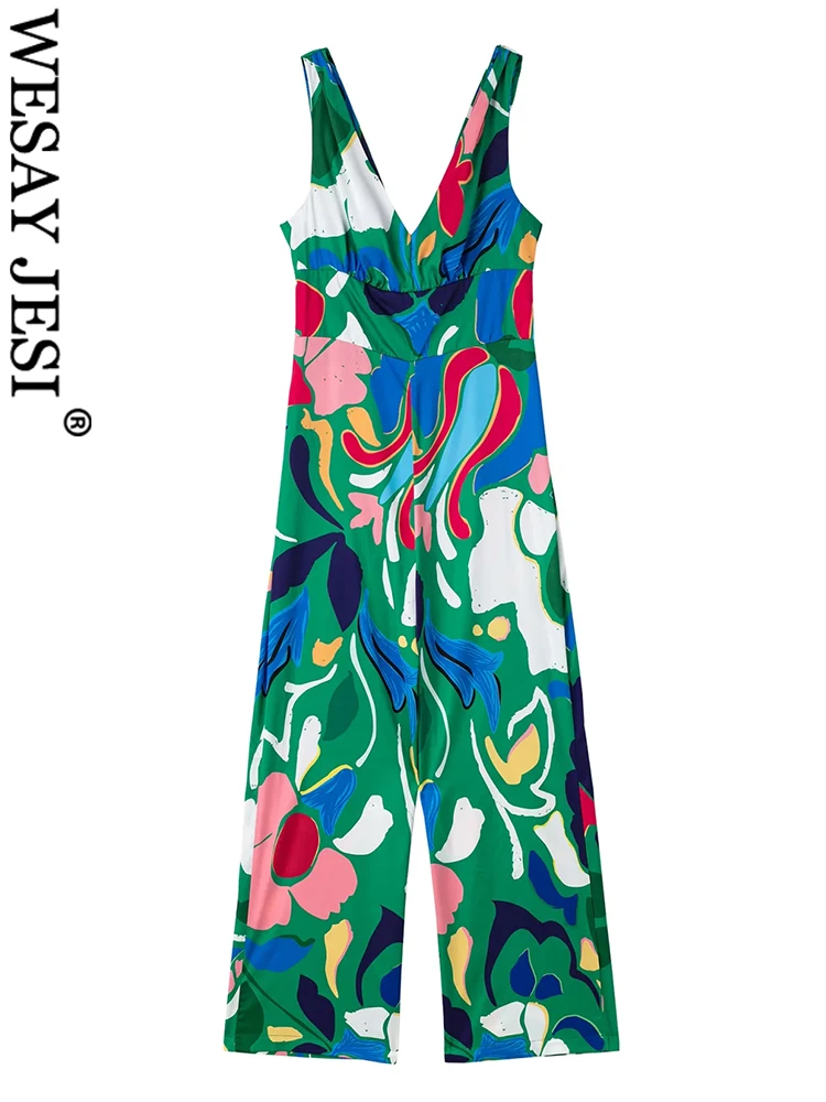 

WESAY JESI Fashion New Print Sleeveless V-Neck Jumpsuits Flowers Elegant Wide Leg Pants Women's Slim Bright Streetwear Summer