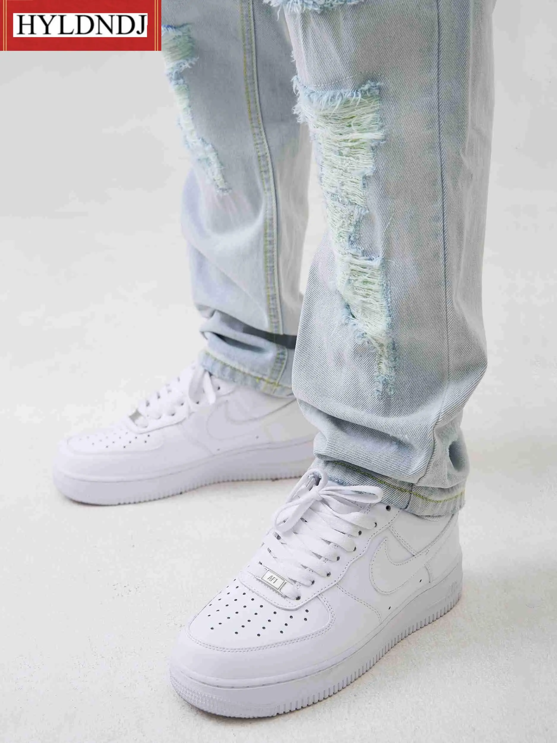 Men's New Fashion Handsome Fried Street Slim Pants European and American Fashion Brand Street Hole Light Color Jeans