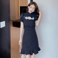 2022 summer new dress temperament all match fashion casual ruffled fishtail skirt retro slimming improved cheongsam skirt
