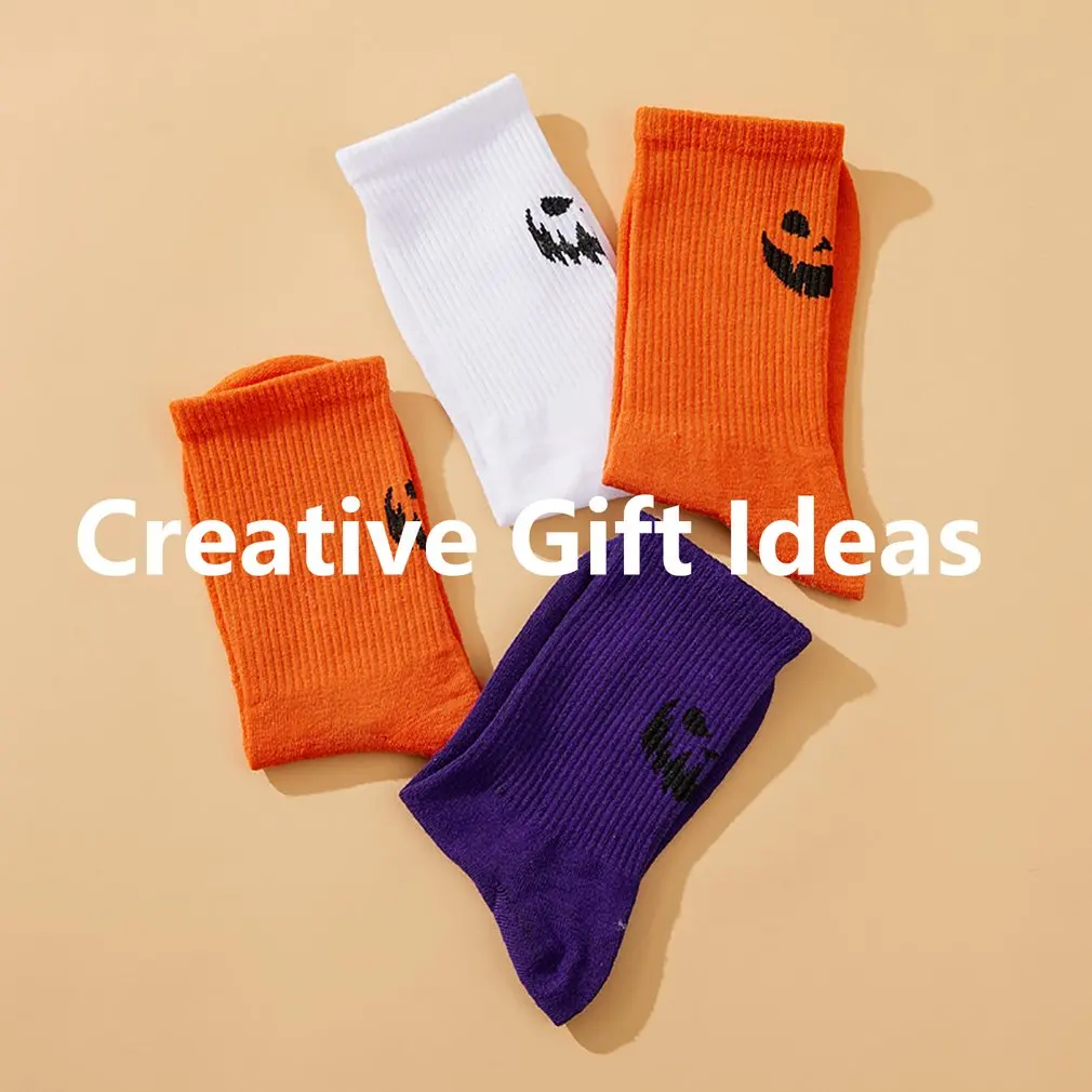 8Pcs Pumpkin Socks Vertical Stripes Unisex Funny Personality Pattern Mid-top Polyester Warm Breathable Halloween Socks Kids