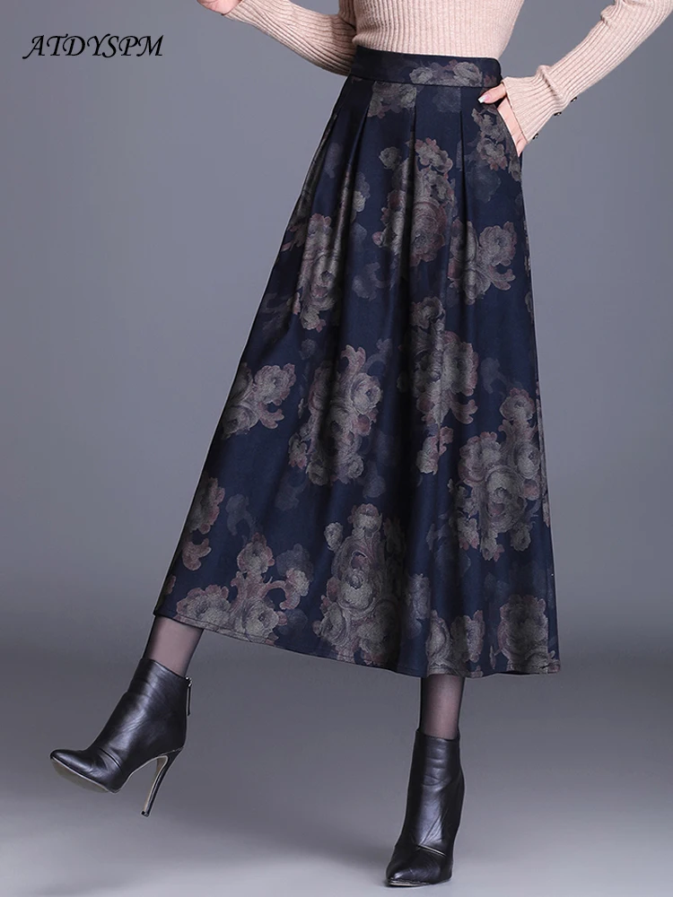 

Женская Длинная шерстяная юбка, Повседневная винтажная трапециевидная юбка с цветочным принтом, с поясом на резинке, Осень-зима 2022