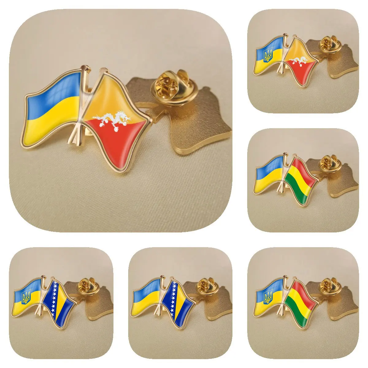 

Ukraine and Bhutan Bolivia Bosnia and Herzegovina Double Crossed Friendship Flags Brooches Lapel Pins Bradges