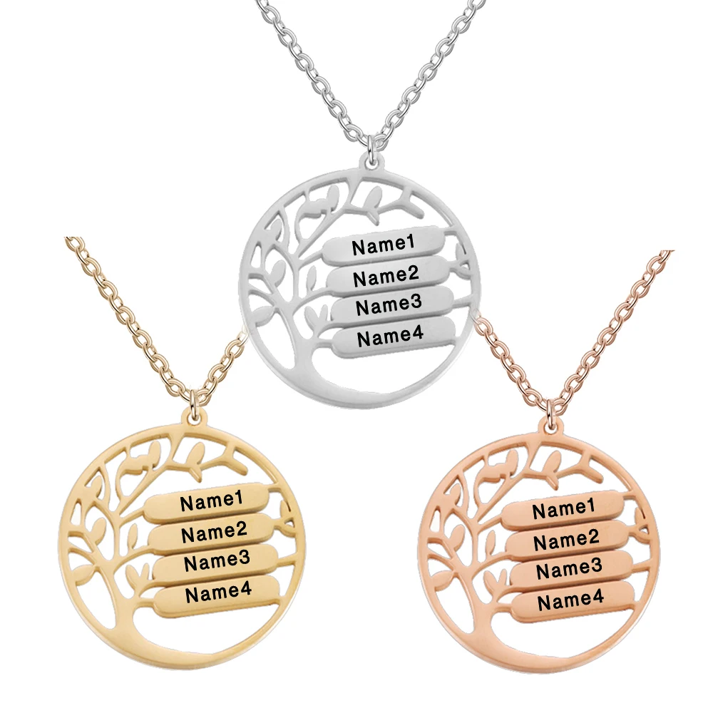 

Персонализированное ожерелье с семейными именами жизни и деревьями, подвеска из нержавеющей стали с индивидуальной гравировкой, чокер для ...