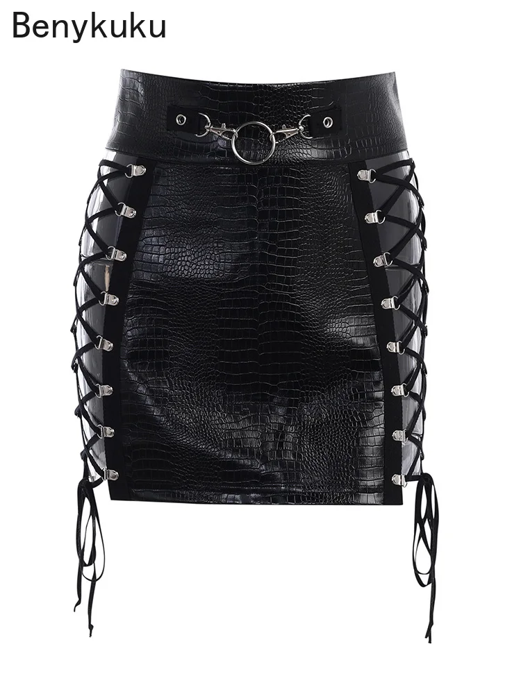 

Punk PU Leather Black Sexy High Waist Mini Skirts Female Gothic Clothes Bandage Hollow Out Dark Aesthetic Slim Skirt Streetwear