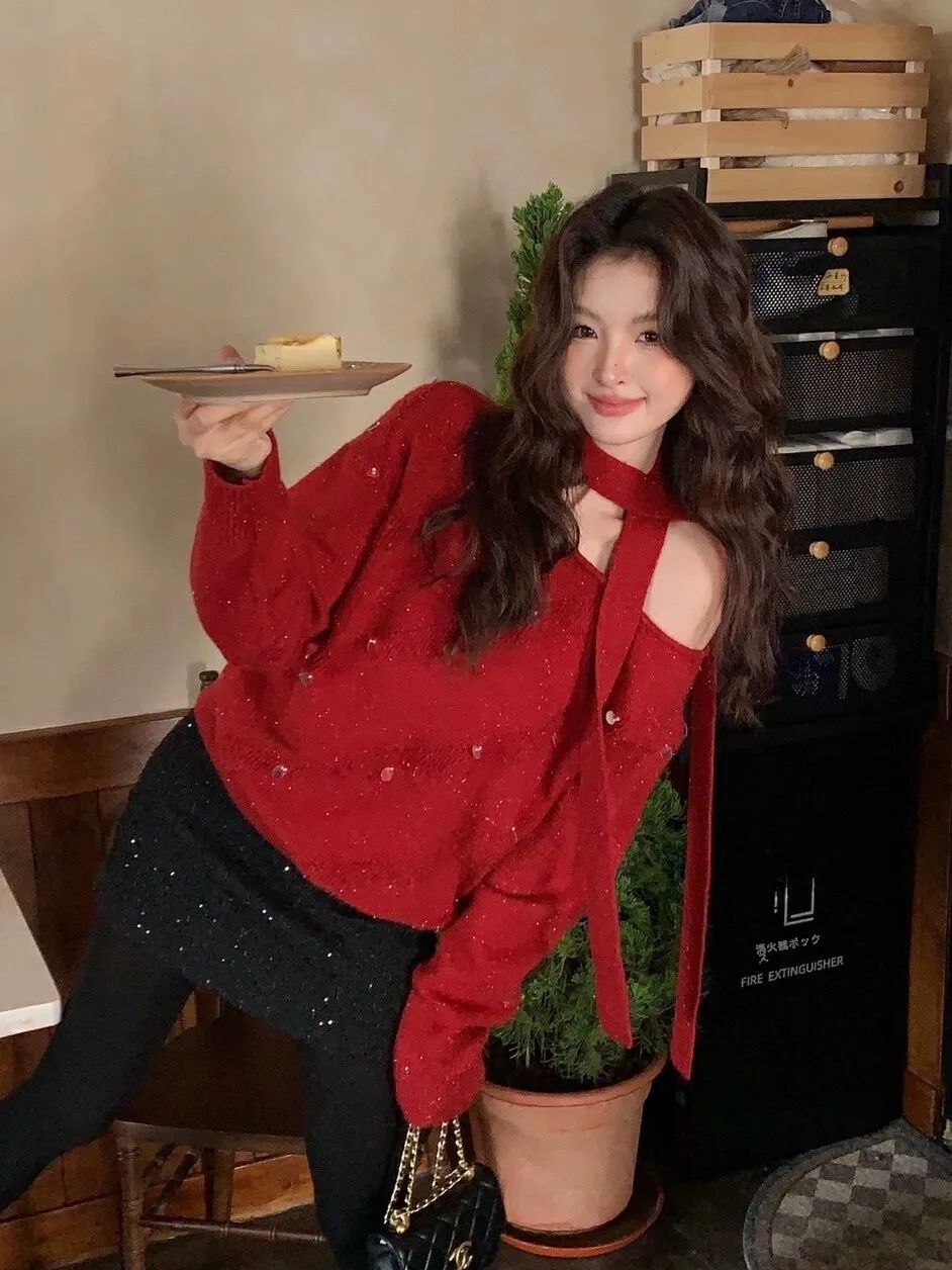 Se Gentle Sun Xiuxi Рождественская одежда свитер с открытым вырезом и лентой женский