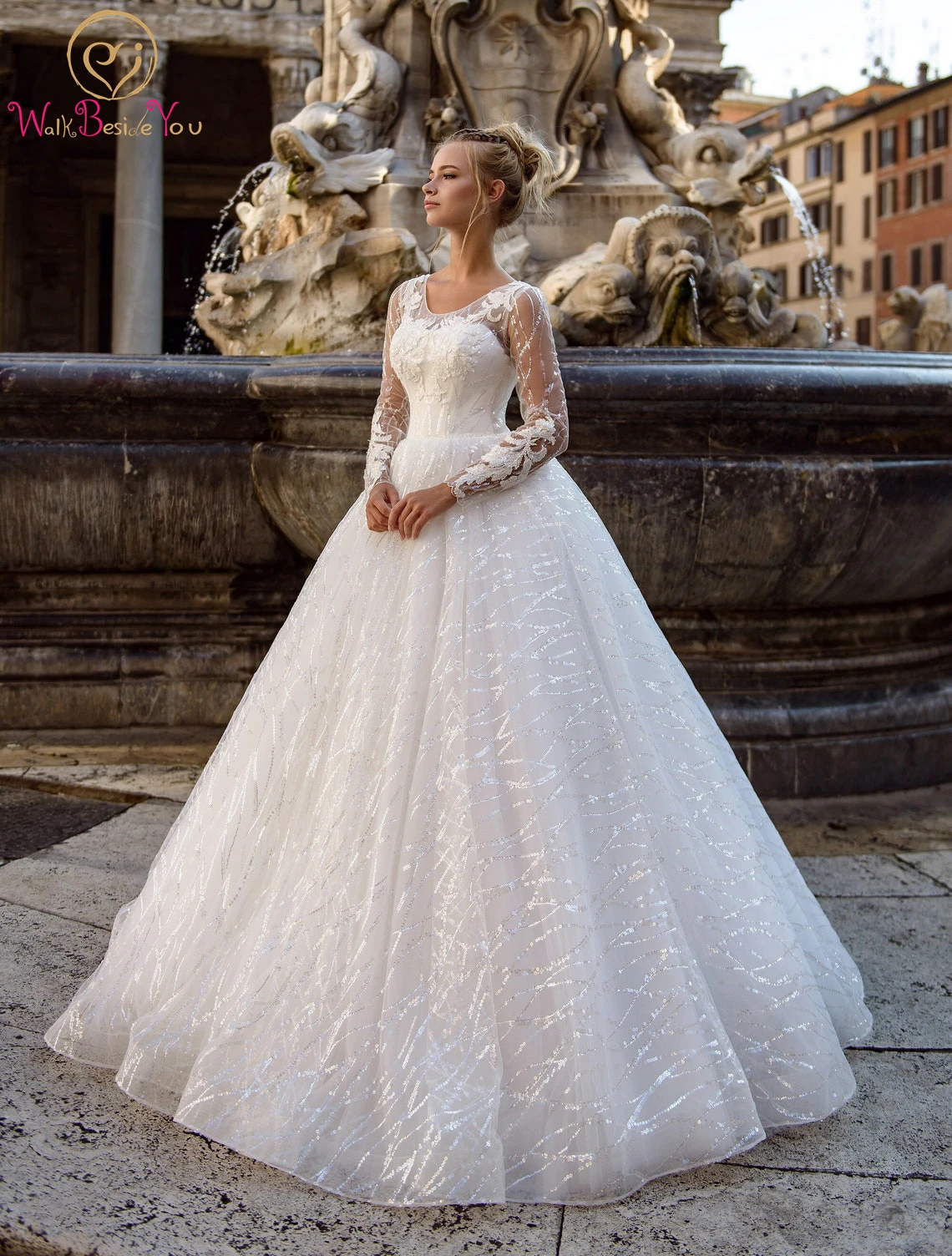 

Bling Sequined Ball Gown 2022 Ivory Wedding Dress Full Sleeves Long Floor Length Luxury Bridal Gown Lace Appliques Bride Women