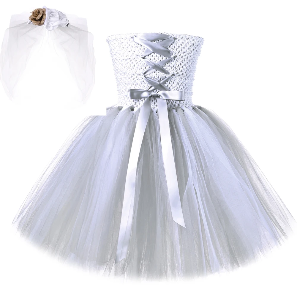

Halloween Zombie Bride Girls Tutu Dress with Veil Glitter Sparkle Tulle Kids Corpse Ghost Costume for Purim Carnival Party Dress