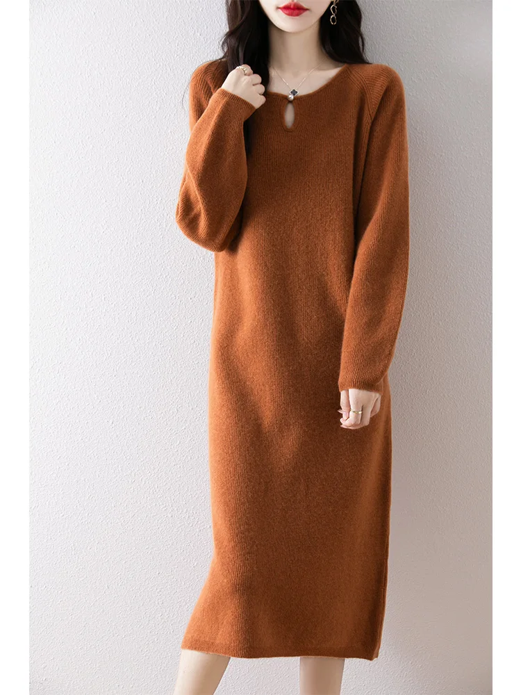 Женское платье из чистой шерсти с v-образным вырезом 00 осенне-зимнее