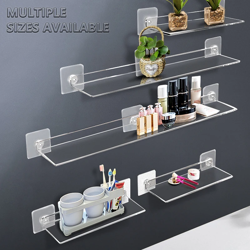 

Wall Mounted Acrylic Storage Rack Shelf Clear Thick No Punching Floating Display Stick Bathroom Kitchen BathroomOrganizer