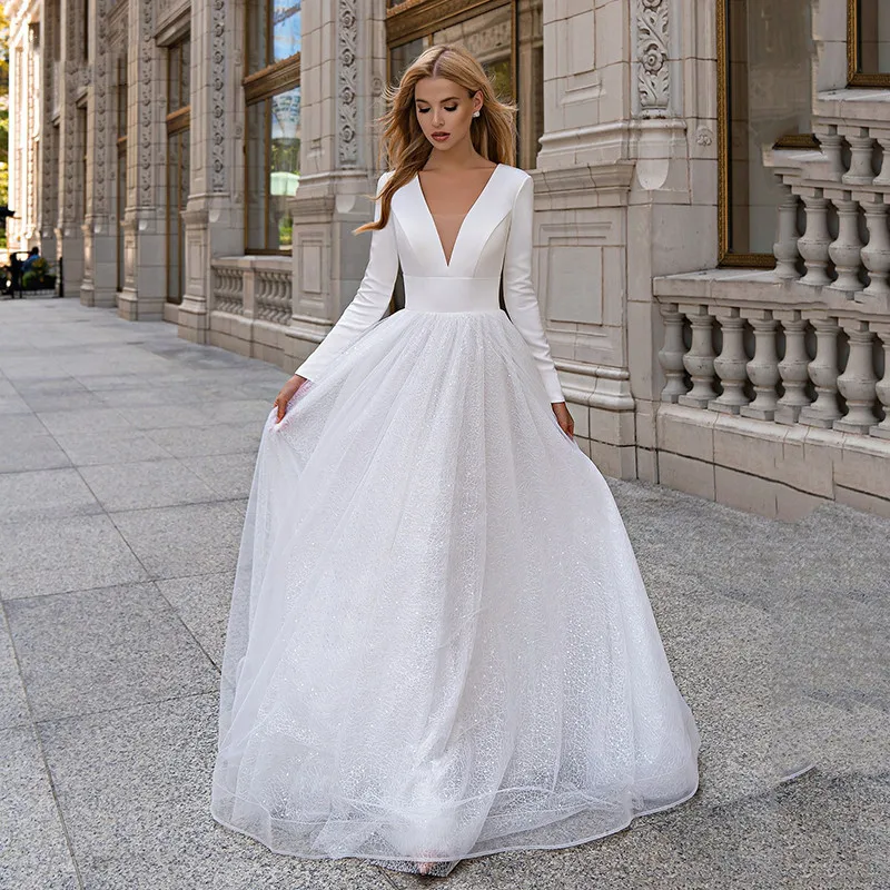 

Elegant Deep V-Neck Wedding Dress Long Sleeve Backless A-Line Boho Sparkle Bridal Gown Tulle Zipper Sweep Train Robe De Mariée