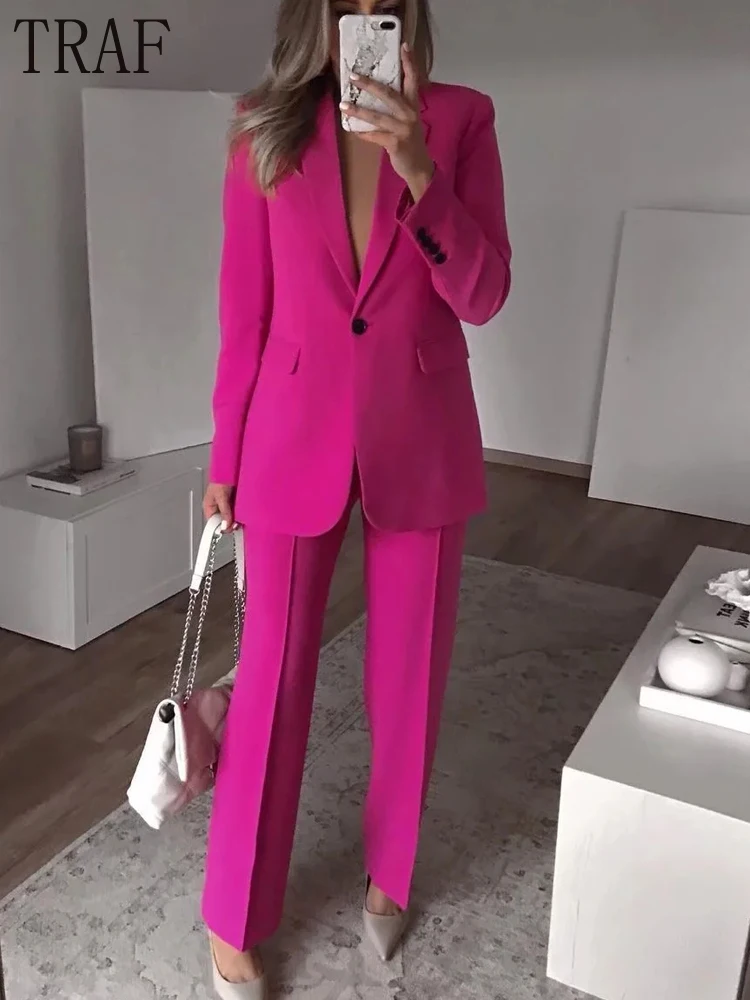 

TRAF Zar 2022 Fuchsia Woman Blazer Set Spring Office Casual Long Sleeve Button Jacket Loose Streetwear Female Blazer Mujer