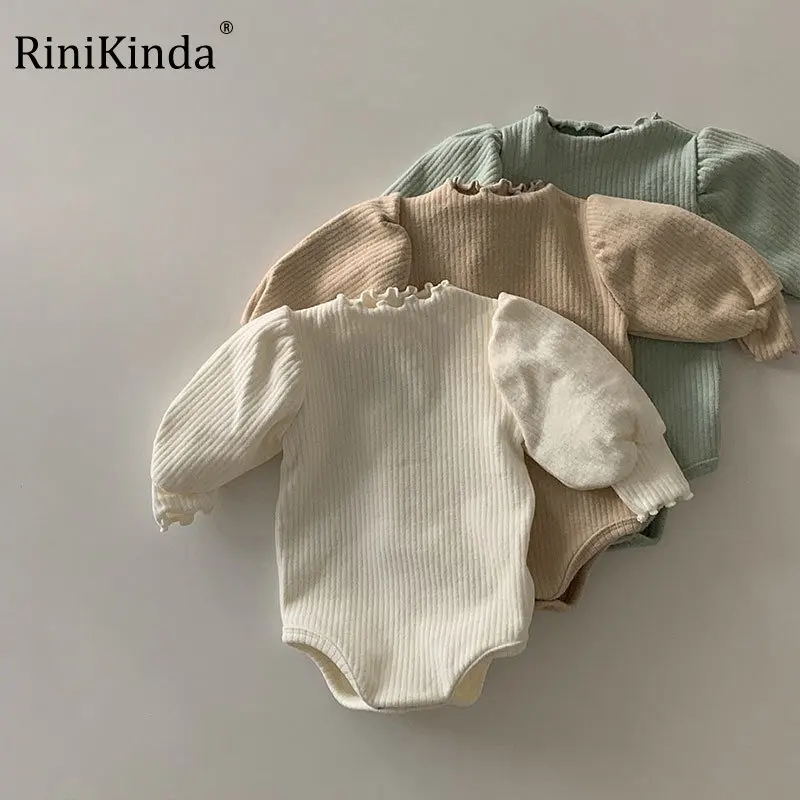 

RiniKinda 2022 Fashion Baby Girls Romper Cotton Long Sleeve Baby Rompers Infant Playsuit Jumpsuits Cute Solid Newborn Clothes