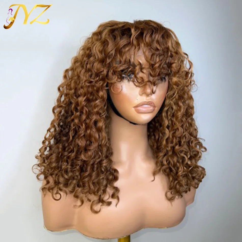 

Ombre Colored Bouncy Curly With Fringe Bangs 13x4 Lace Front Human Hair Wig For Woman Honey Blonde Remy Brazilian 4B 4C Edge JYZ