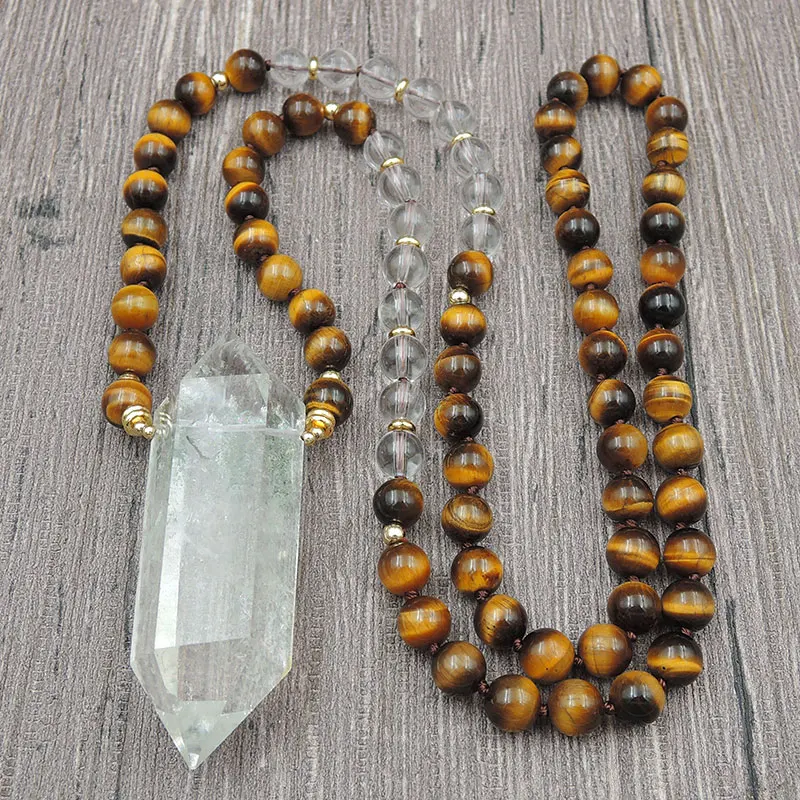 

Natural Crystal Quartz Point Pendant Necklaces 8mm Tiger Eye Round Beads Knot Handmade 30Inch And 40Inch