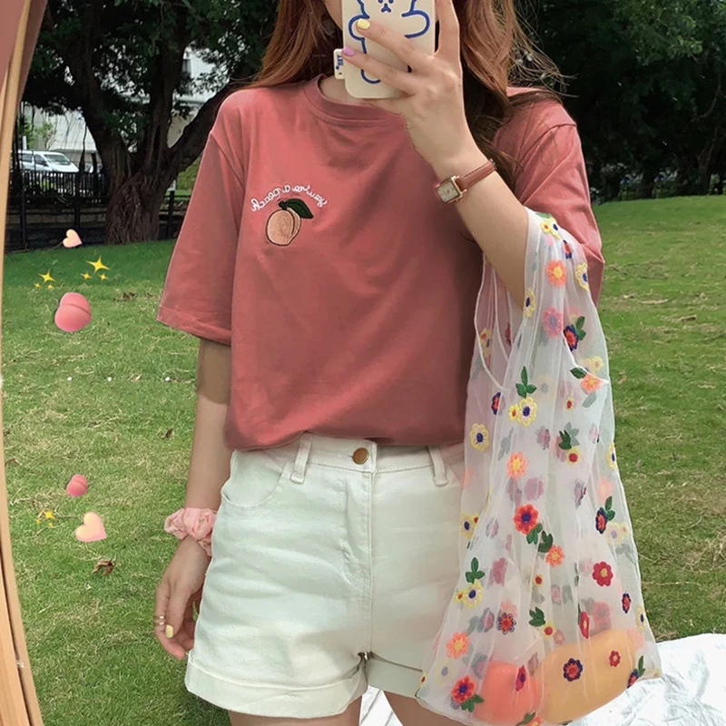 

Short Sleeve T-Shirts Women Summer Embroidery Loose Korean Style Simple All-Match Trendy Causal Tees