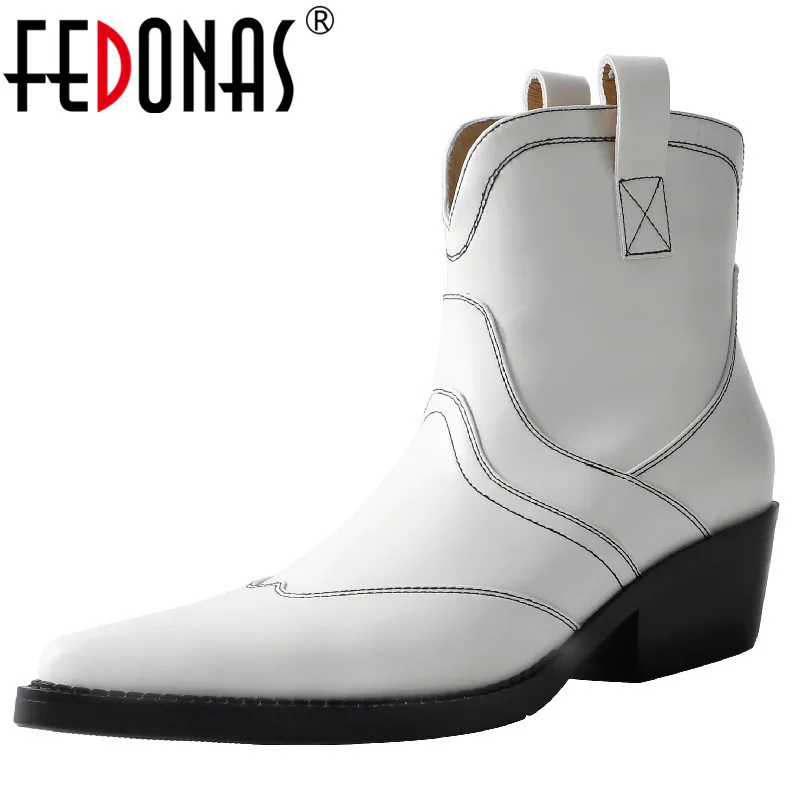

FEDONAS Women Ankle Boots Four Season Popular Fashion Sewing Genuine Leather Western Boots Pointed Toe Thick Heels Shoes Woman