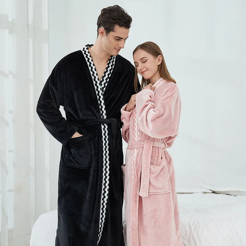 High Quality Large Size Bathrobes Coral Fleece Pajamas Autumn And Winter Comfort Cotton Fleece Thickened Couples Home Clothes