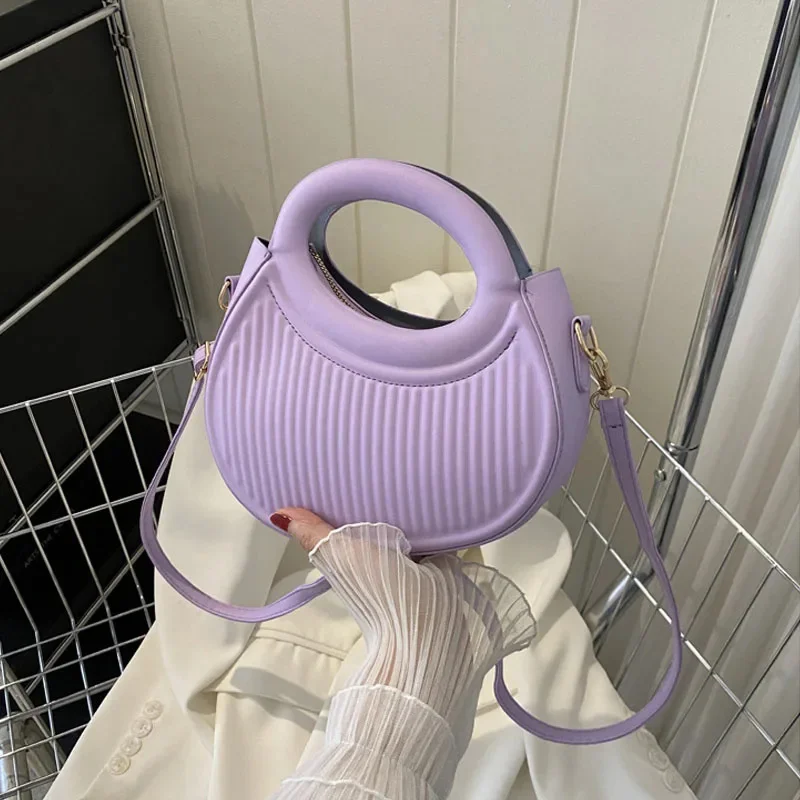 

Half Moon Small Shoulder Bag for Women Spring New Green Purple Handbags Pleated Design Pu Leather Crossbody Round Hand Bags