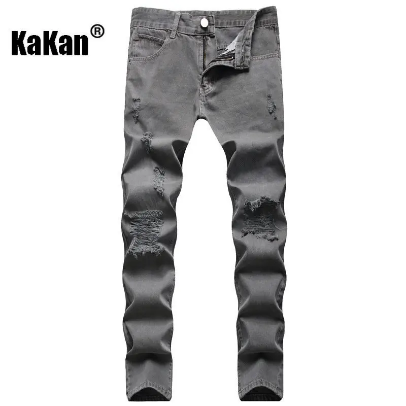 Kakan - New European and American Distressed Straight Leg Jeans for Men, Washed Youth Grey Casual Long Jeans K44-871