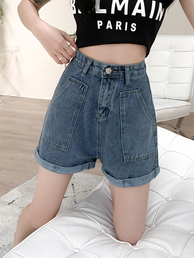 New Spring Summer Women High Waist Big Pocket Streetwear Female Wide Leg Button Retro Jeans Shorts Ladies Bottoms