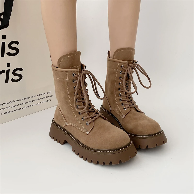 

Platform Suede Leather Ankle Boots For Women 2023 INS Brand Women's Winter Shoes Booties Lace Up Motorcycle Boots Ladies Brown