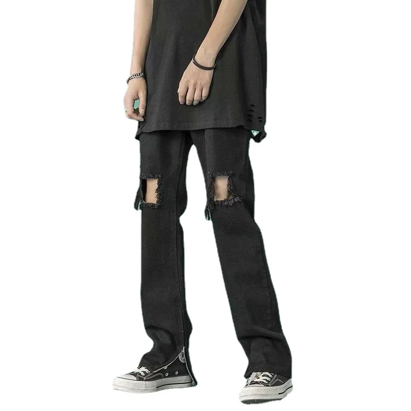 Men's Ripped Jeans Streetwear Vintage Hip Hop Jeans Men's Button Mid-Waist Split Jeans Men's Loose Denim Straight-Leg Pants