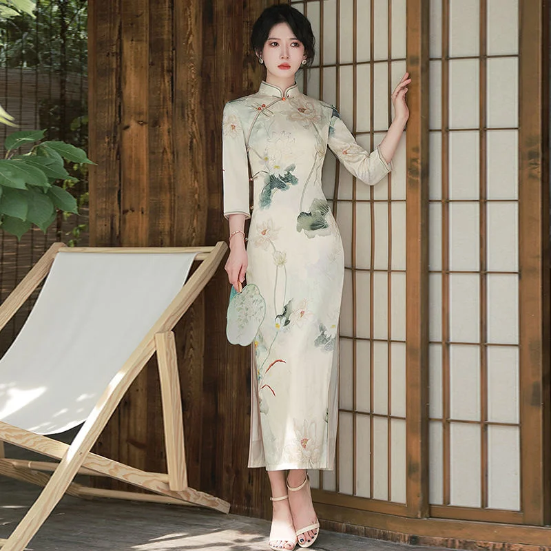 Весеннее узкое длинное китайское платье Cheongsam для женщин модного стиля Кипао национального традиционного Робе Ориентале Девочка Вестидо Чино.