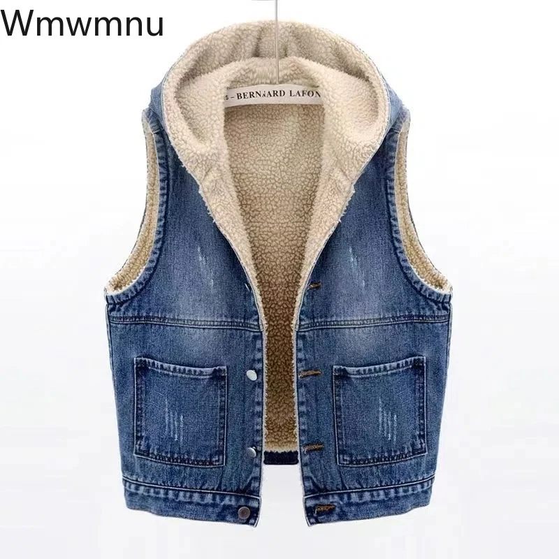 

Autumn Winter Fleece Liner Warm Waistcoat Casual Loose Jean Sleeveless Jackets Solid Color Hooded Faux Cashmere Denim Vest Women