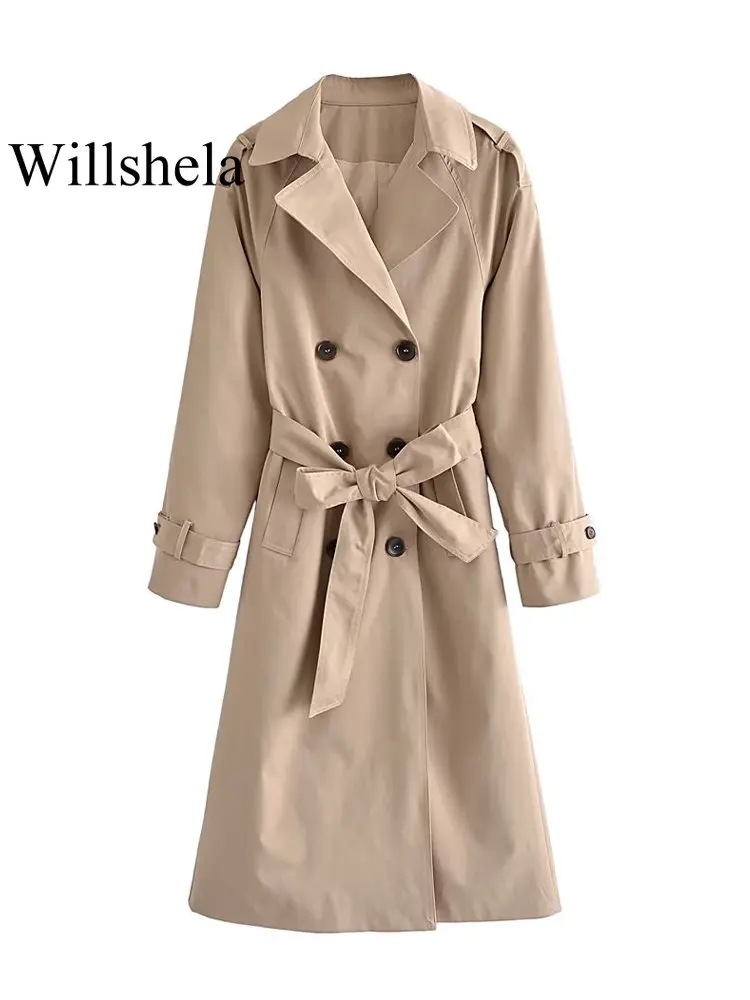 

Willshela Women Fashion With Belt Khaki Double Breasted Trench Vintage Notched Neck Long Sleeves Female Chic Lady Outfits