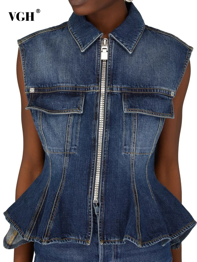 

VGH Individuality Denim Vest Coat For Women Lapel Collar Sleeveless Gathered Waist Patchwork Zipper Coats Female Spring Clothing
