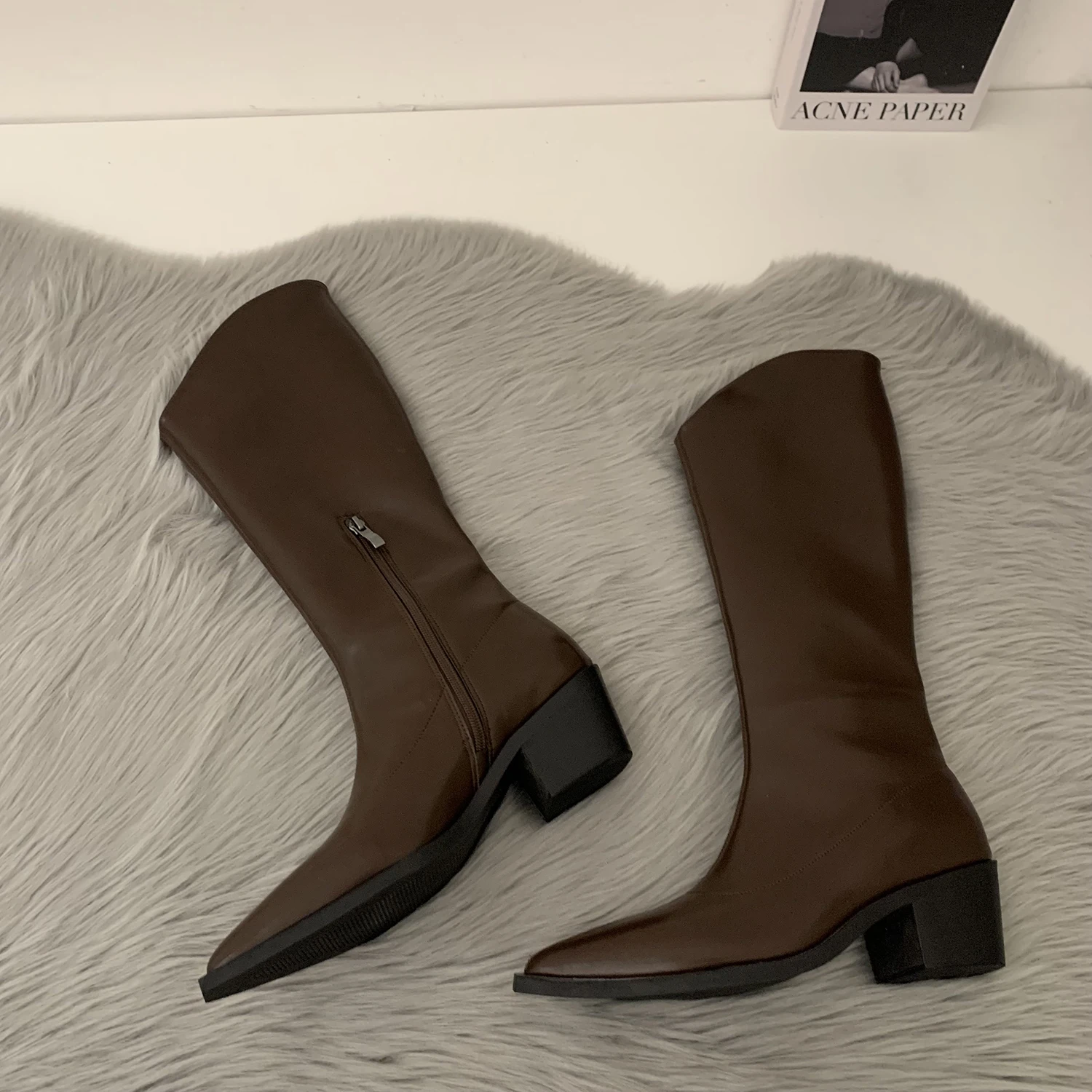 Long Boots New Solid Color Pointed Toe Chunky Heel Knee Boots Side Zipper Trendy Versatile Boots for Woman