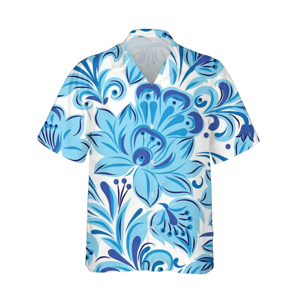 Summer New 3D Elegant Blue Flower Painting Pattern Mens Hawaiian Shirts Casual Loose Men Tops Oversize Beach Vintage Clothes 5XL