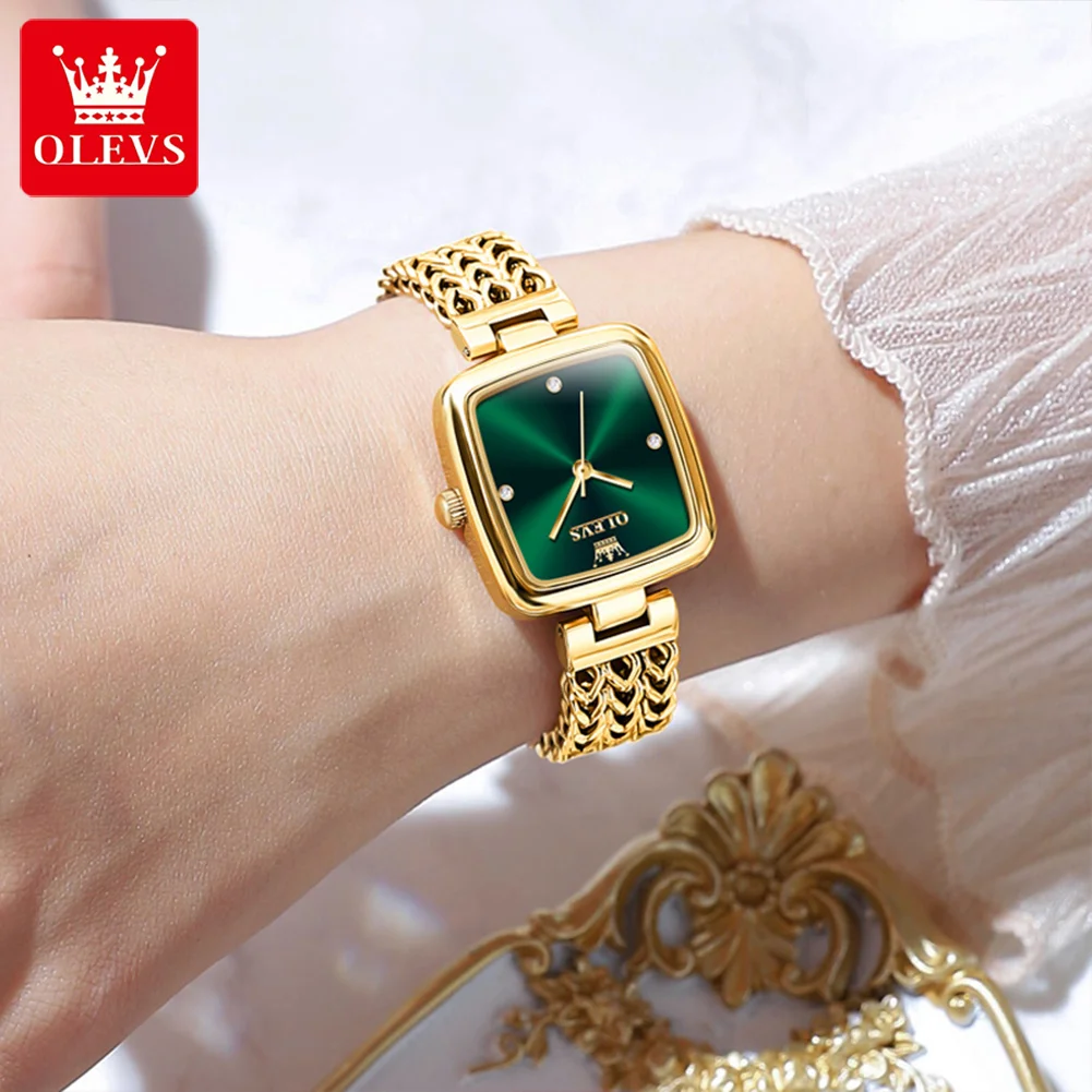 OLEVS 9948 Fashion Quartz Women Wristwatches, Waterproof Stainless Steel Strap Square Green Watch For Women