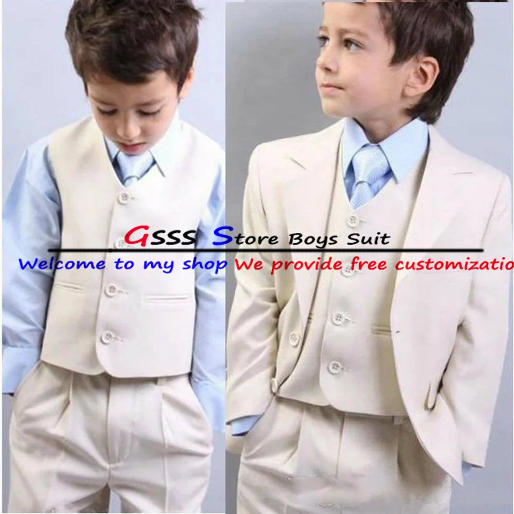 Ivory Boy Suit 3 Piece Wedding Tuxedo Formal Blazer Pants Vest Ring Holder Full Outfit Slim Fit Jacket costume enfant garçon