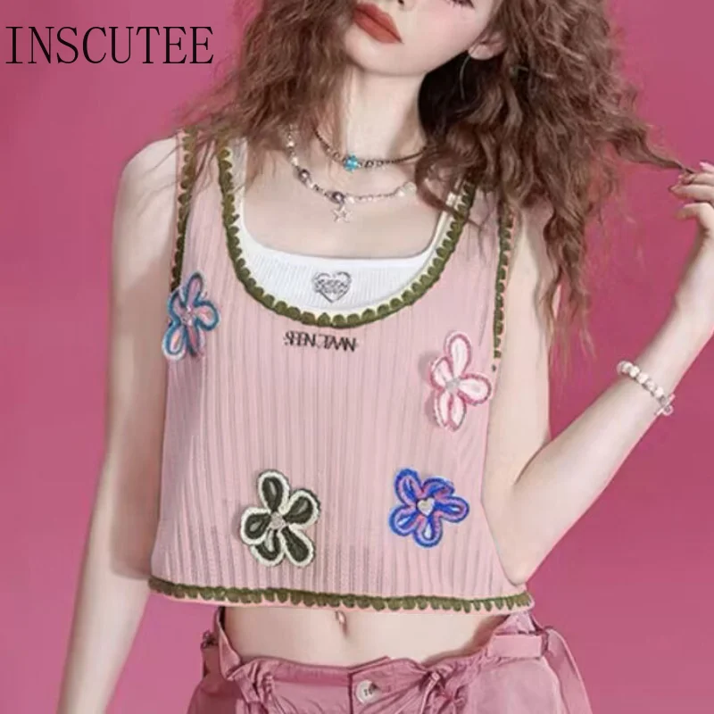 

INSCUTEE Sweet Cute Y2k E-girl Vest Women Cottagecore Vintage Fairycore Grunge Soft Goth Flowers Appliques Crop Tank Tops Female