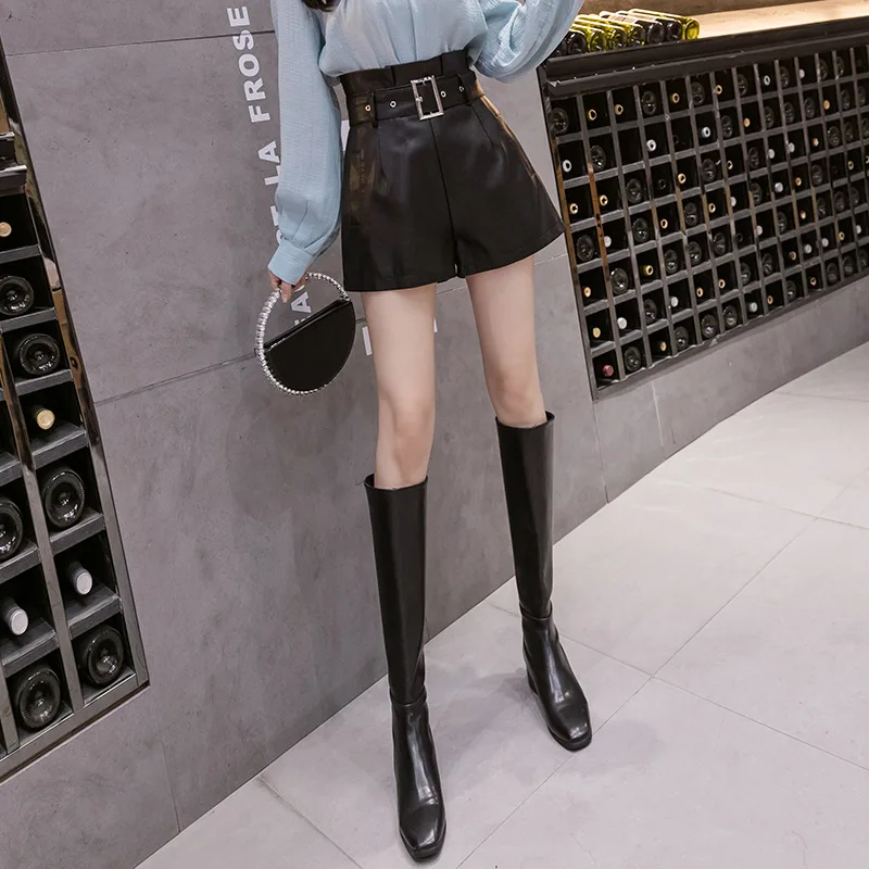 y2k Autumn Winter PU Leather Shorts Women Shorts All-match Sashes Wide Leg Short Ladies Sexy Leather Shorts Woman Clothing