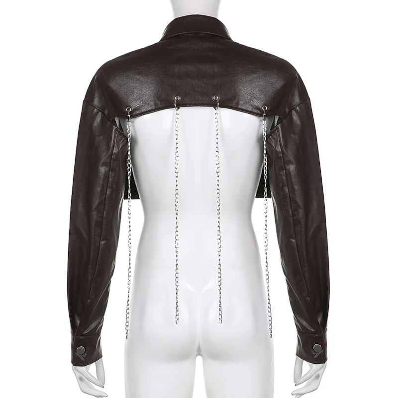 Street Style Fashion Chain Irregular PU Leather Coat Women Fashion Rock Punk Motorcycle Jacket Sexy Short PU Faux Leather Coats