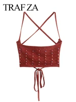 traf za solid color back cross strap high street trend short womens sling fashion beaded sexy halter strap ladies top summer