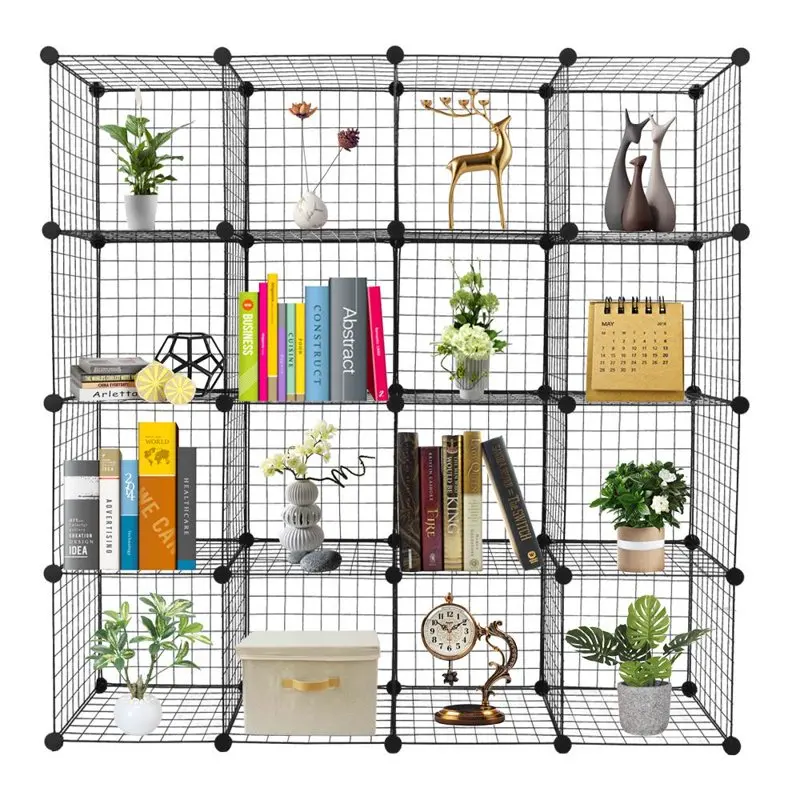 

Organizer, Stackable Metal Grid Modular Cubbies Shelves Bookcase Multifunctional