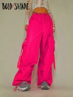 bold shade indie street style hot pink big pockets trim baggy pants vintage y2k retro drawatring low waist cargo trousers loosed